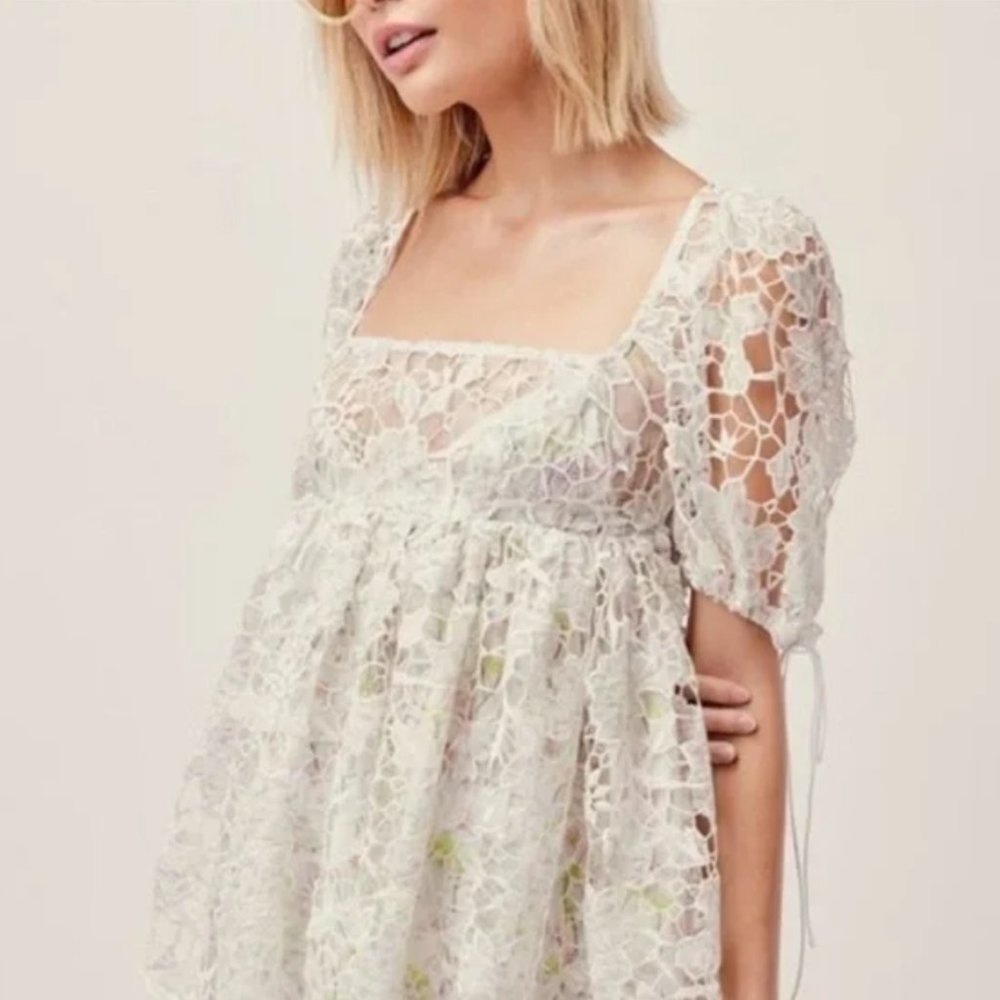 FOR LOVE AND LEMONS White Lace Floral Sundae Babydoll Mini Dress Size Xsmall